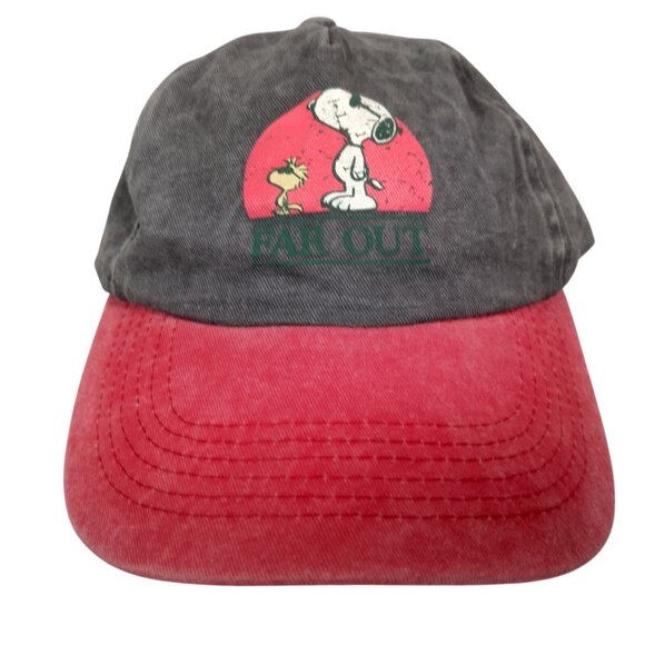 Peanuts Far Out Cap Hat Joe Cool Snoopy Woodstock Gray Red Canvas Strap Back - Picture 1 of 12